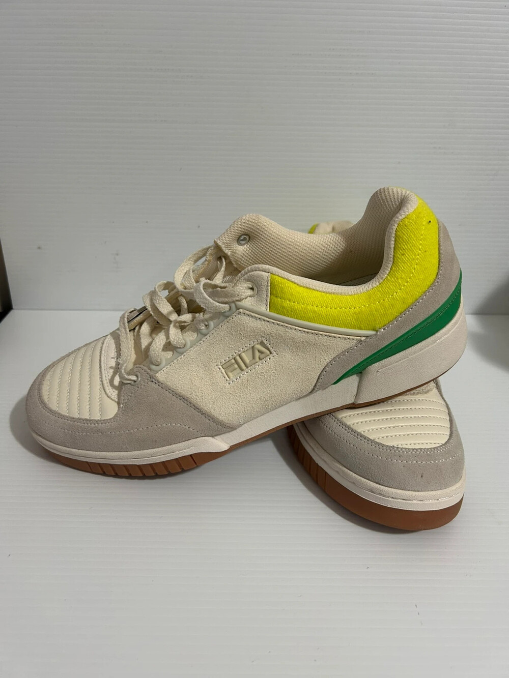 Fila Men’s Casual Leather & Suede Sneakers White/Beige/Neon Green Gum Sole Size